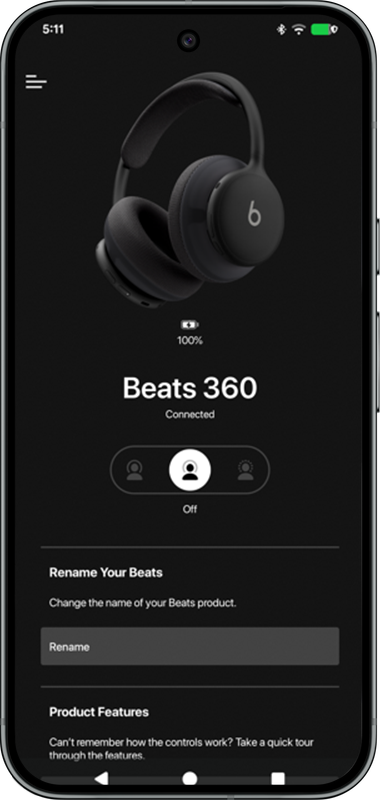 Beats App 中展示了黑色款 Beats 360 与 Android 设备的联动搭配