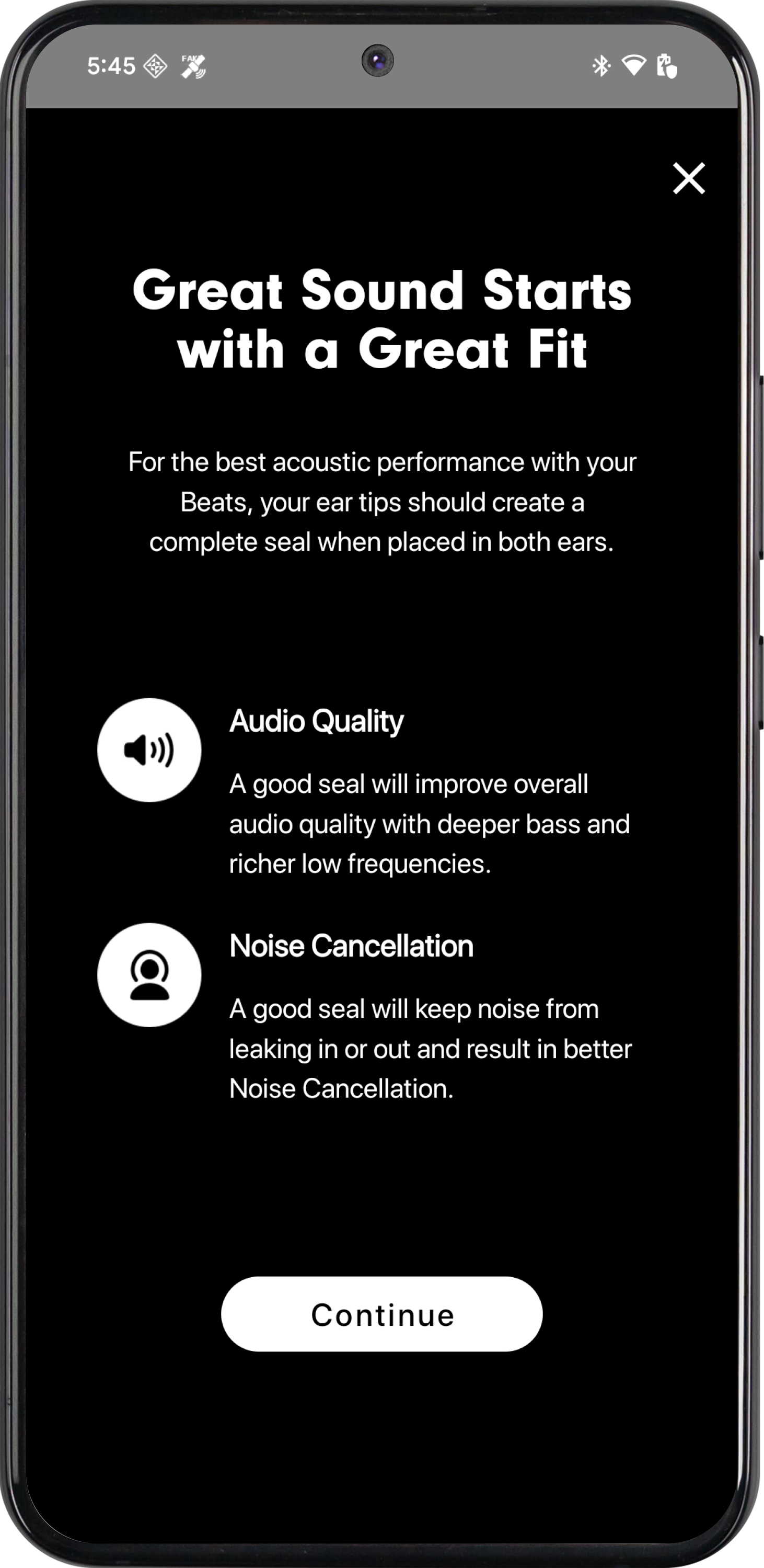 Screen of Ear Tip Fit Test on an Android phone