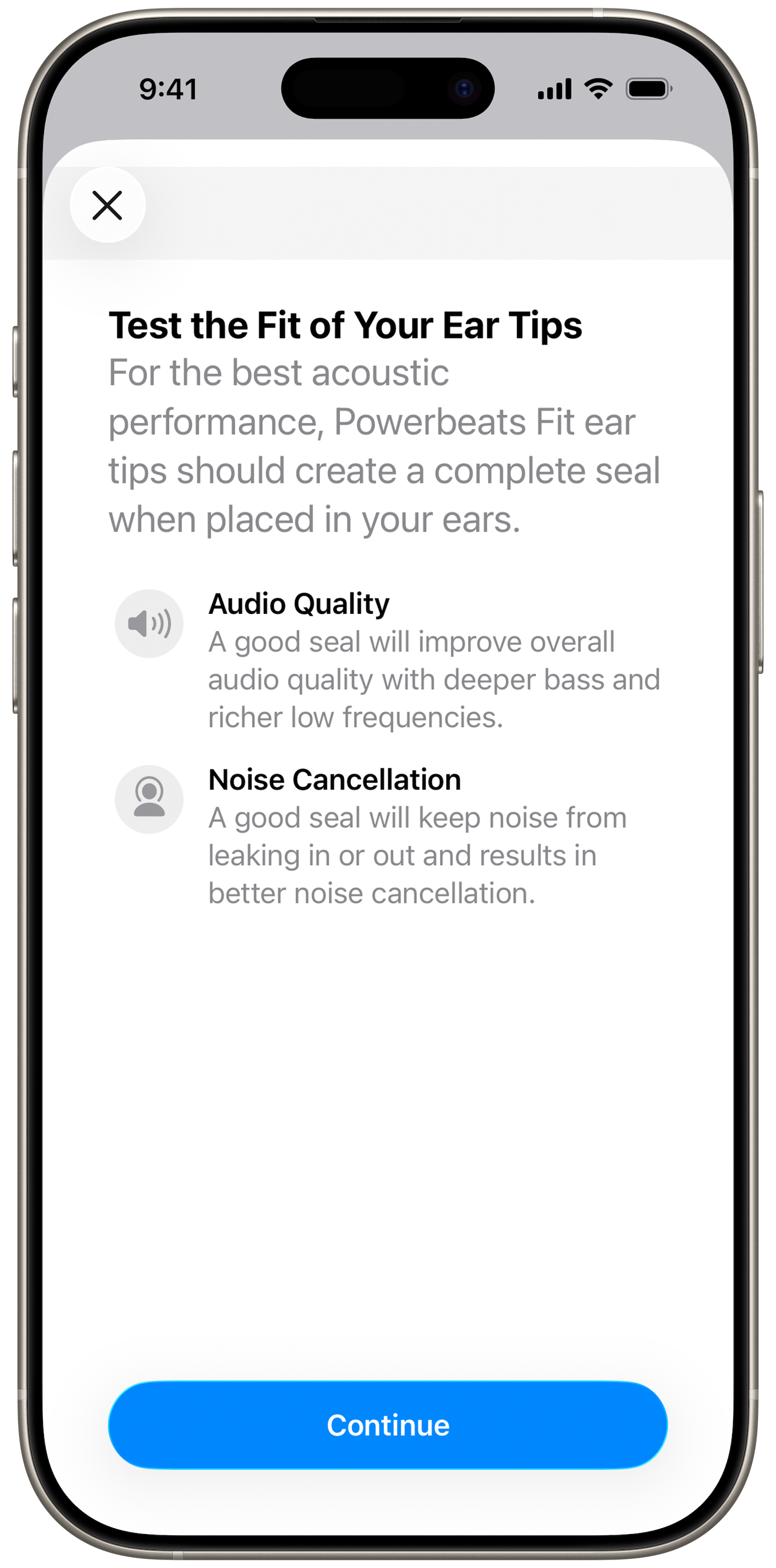 Screen of Ear Tip Fit Test on an iPhone