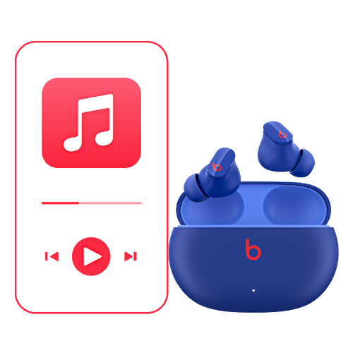 白色背景下的 Apple 音乐播放器和 Beats Studio Buds