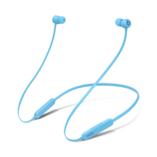 A pair of Flame Blue Beats Flex earbuds