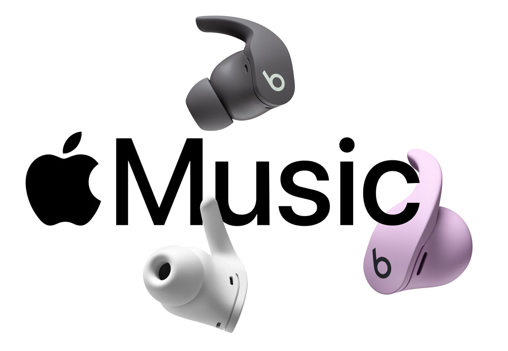 Apple Music player and Beats Studio Buds on white background