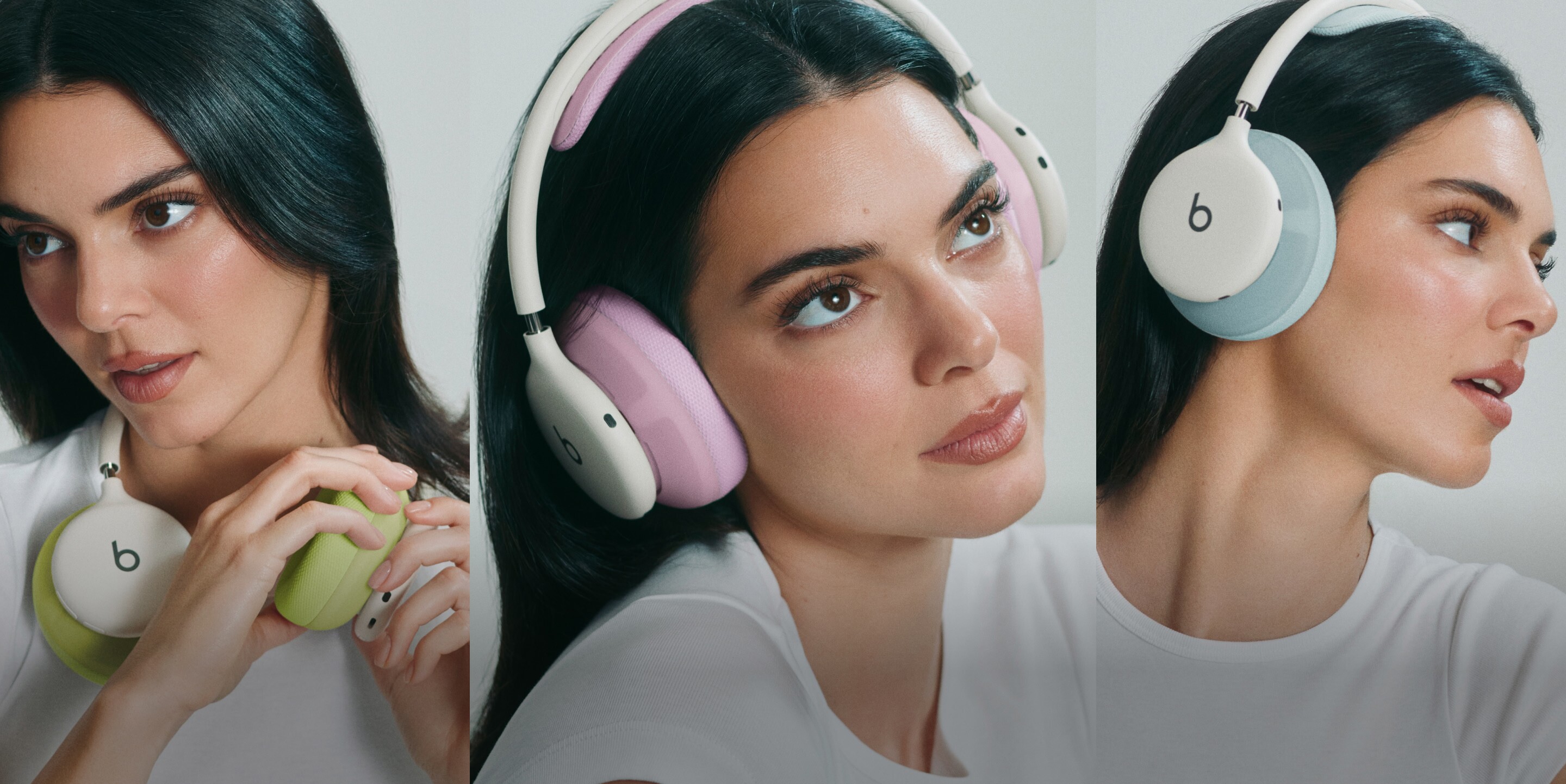 Kendall Jenner wearing Beats 360 headphones against a light coloured background.