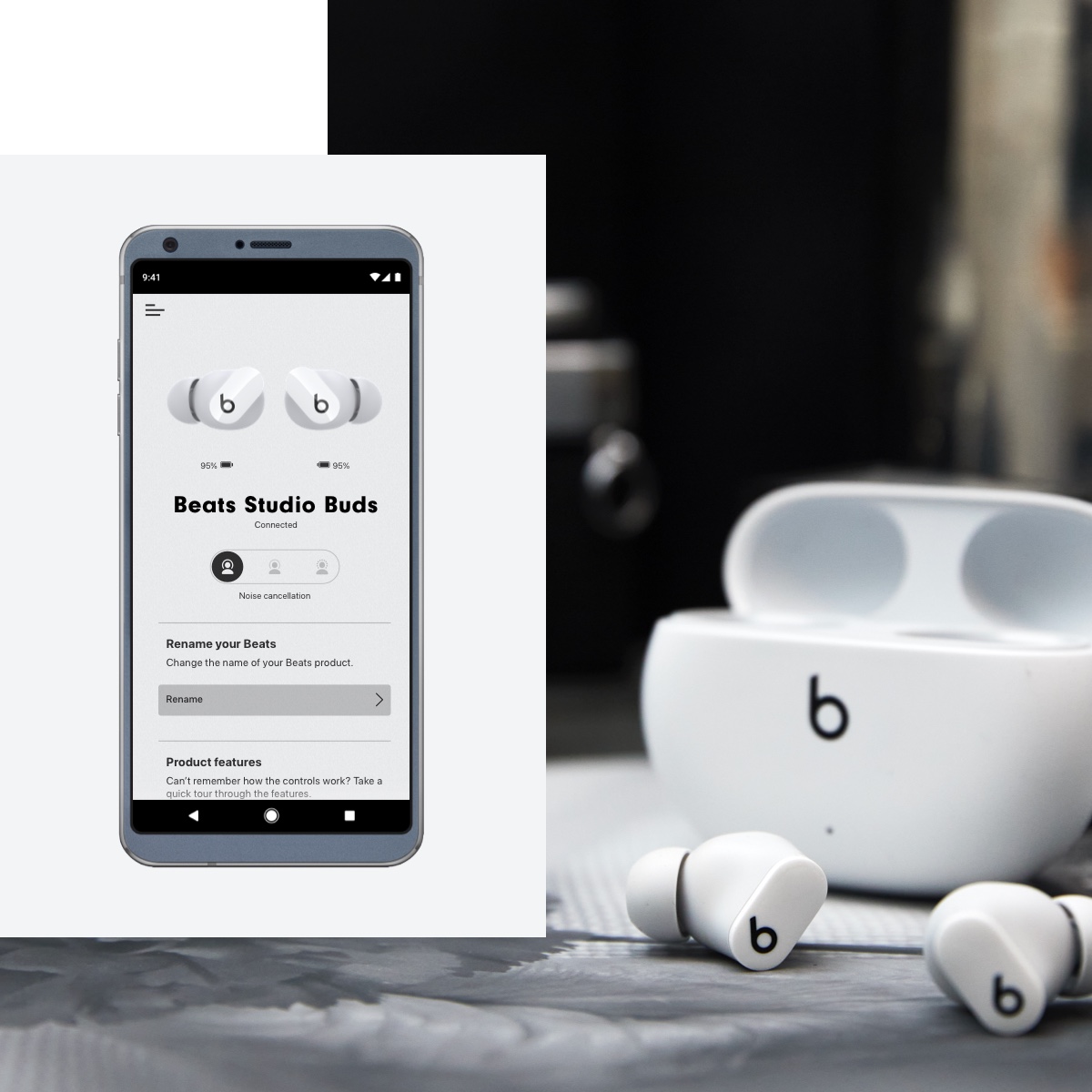 Screens demonstrating the functions of the Beats app for Android