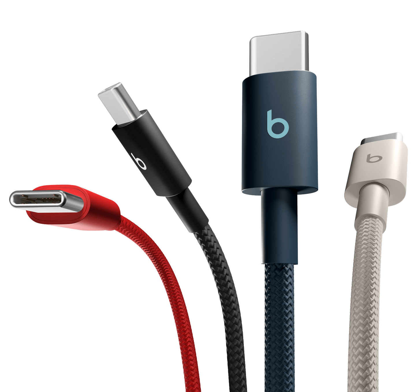 闪电黑、奔涌灰、飚速蓝和劲速红 Beats USB-C 转 USB-C 编织连接线。