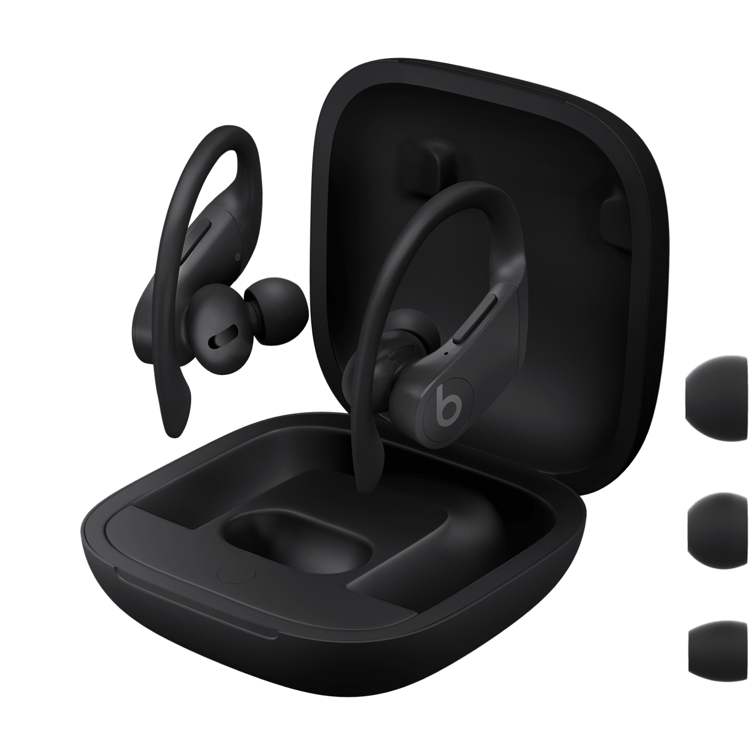展示 Powerbeats Pro 和所有随附的包装内容:耳机充电盒、充电线和耳塞