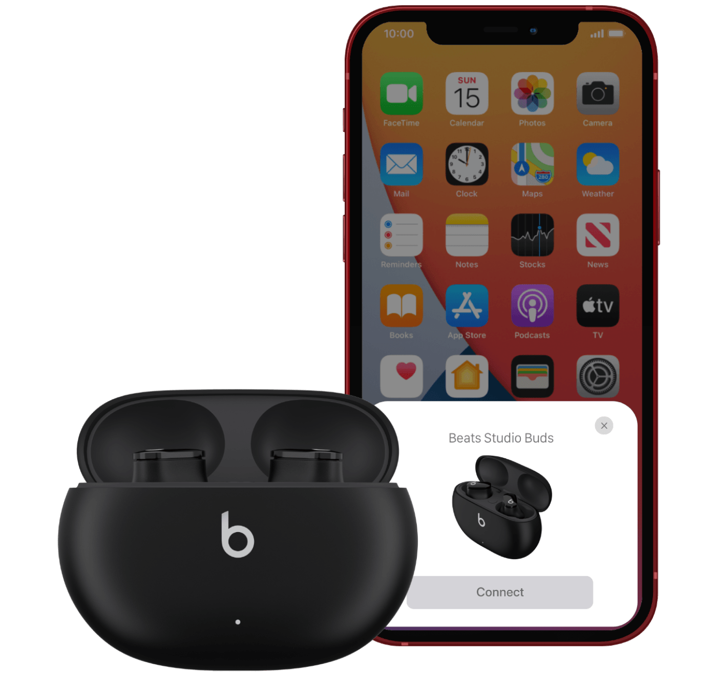 Beats Studio Buds 和充电盒,旁边是显示 Beats app 的 Android 手机